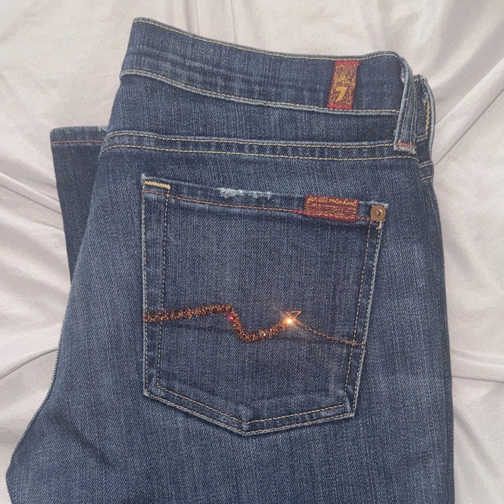 7 For All Mankind Dark Indigo Bootcut Jeans w brown stones